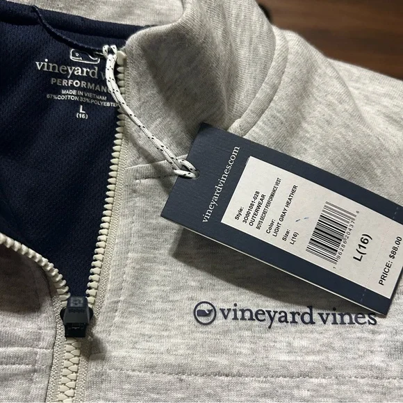 Vineyard Vines Boys Performance Vest Large 16 Gray Navy Blue Lining Full Zip NWT - Picture 8 of 8